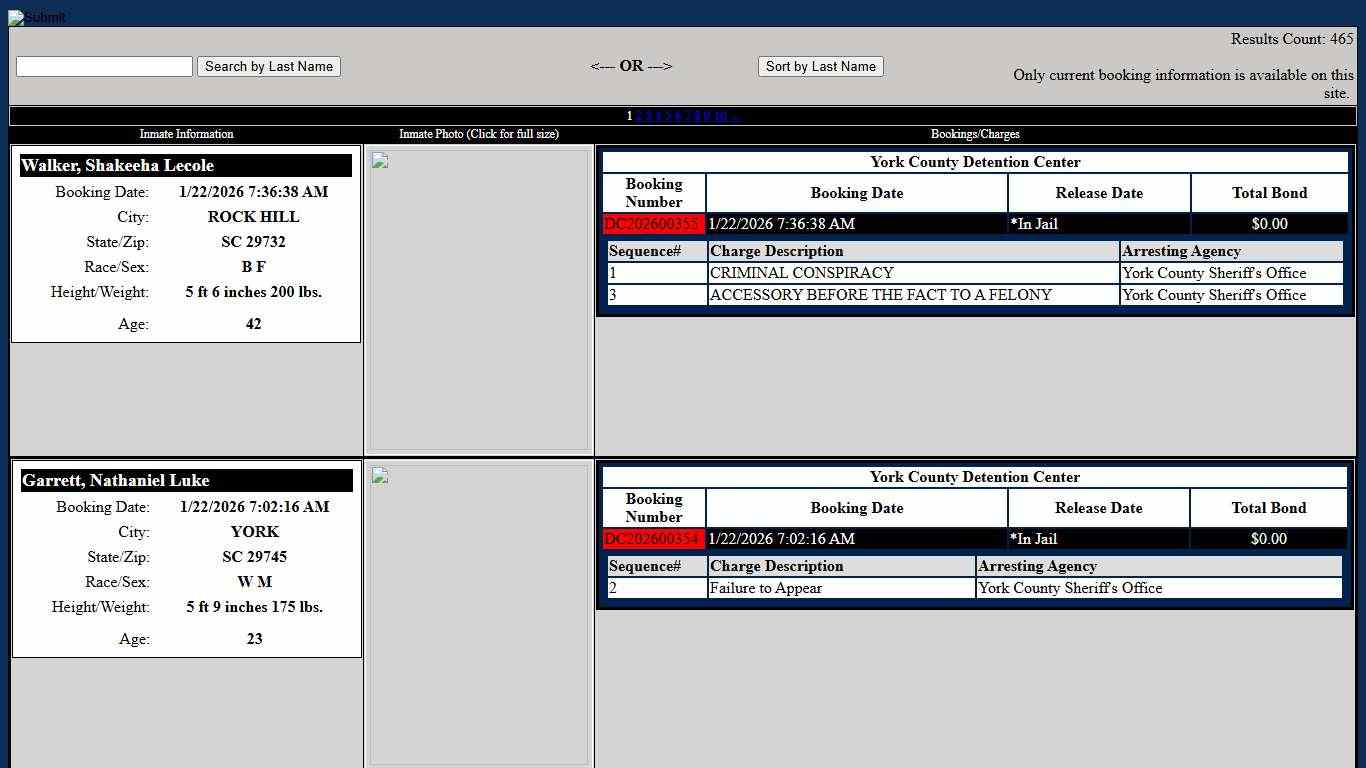 Detention Center Inmates - York County